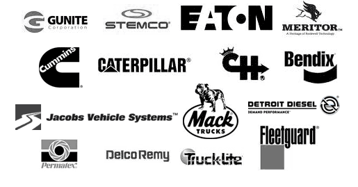 eaton, fuller, spicer, dana, gunite, fleetguard, stemco, bendix, meritor, caterpillar, permatex, cummins, detroit, mack, cole-hersee, trucklite, delco-remy, grote, jake brake